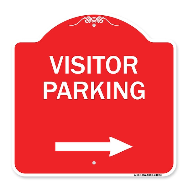 Reserved Parking Visitor Parking Arrow Pointing Right, Red & White Alum, 18" x 18", RW-1818-23023
